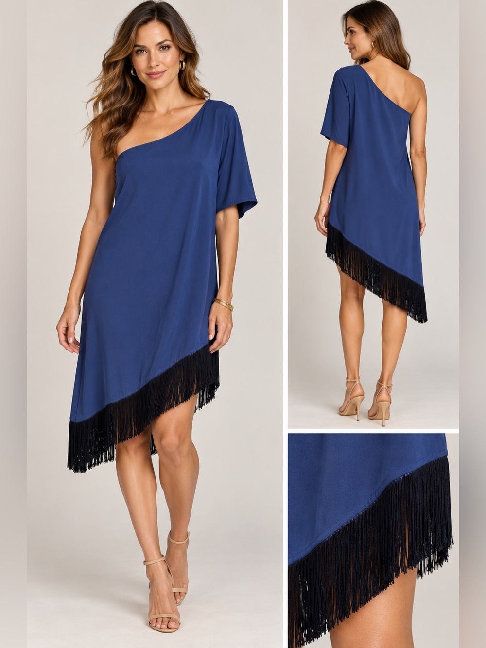 Trina Turk Blue One-Shoulder Asymmetric Fringe Hem Cocktail Dress Size Medium